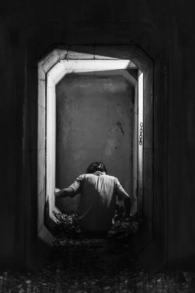 Una obra en blanco y negro de alto contraste titulada Sentient, que presenta a una persona en una estructura arquitectónica de concreto.