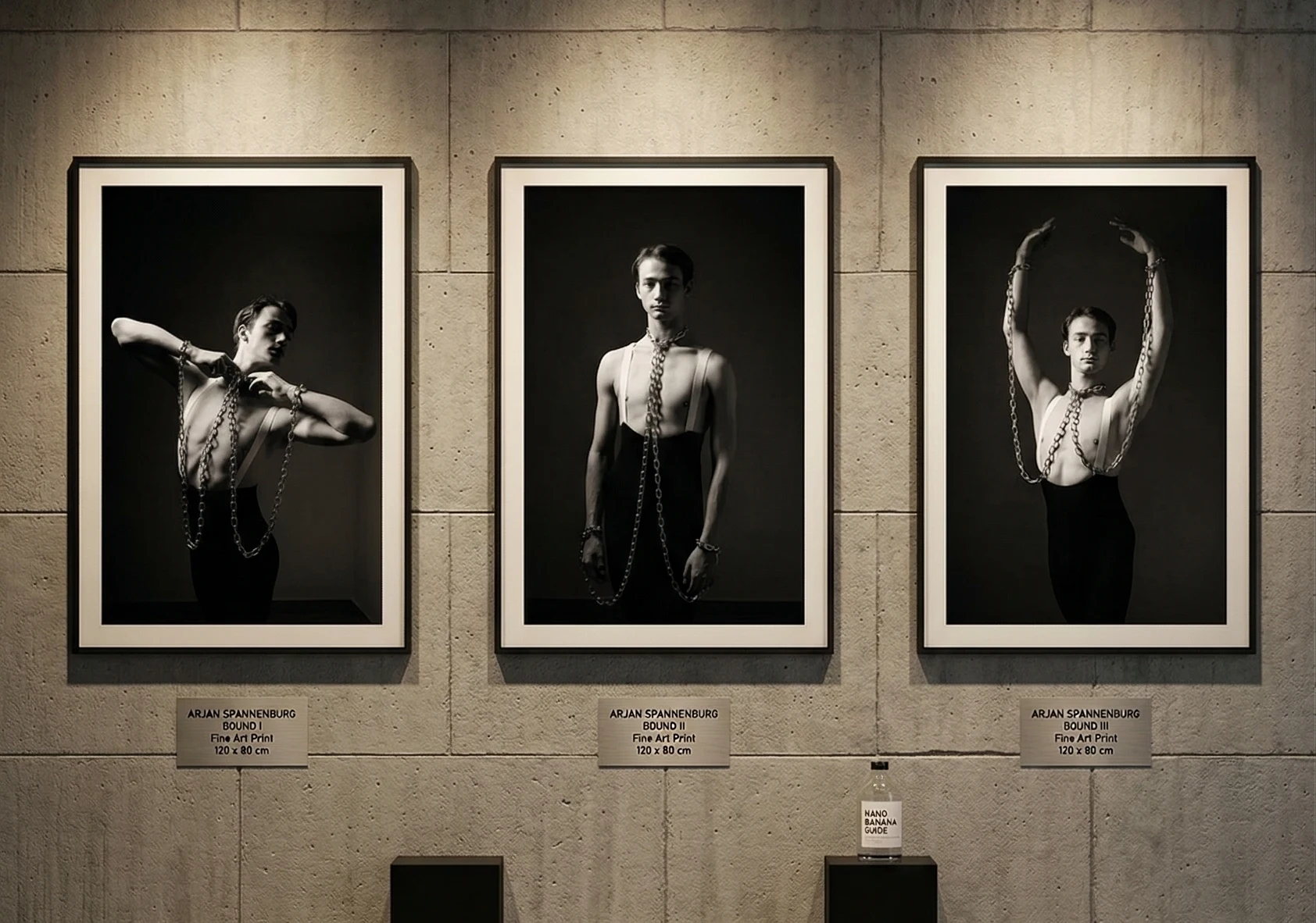 Three large-scale black and white fine art photographs from the BOUND series by ARJAN SPANNENBURG. The artworks, each measuring 120x80 cm, are presented in sleek black frames and mounted side-by-side on a minimalist concrete wall.